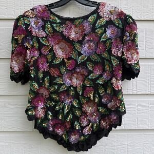 Vintage Laurence Kazar New York Beaded Sequin Silk Blouse XL
